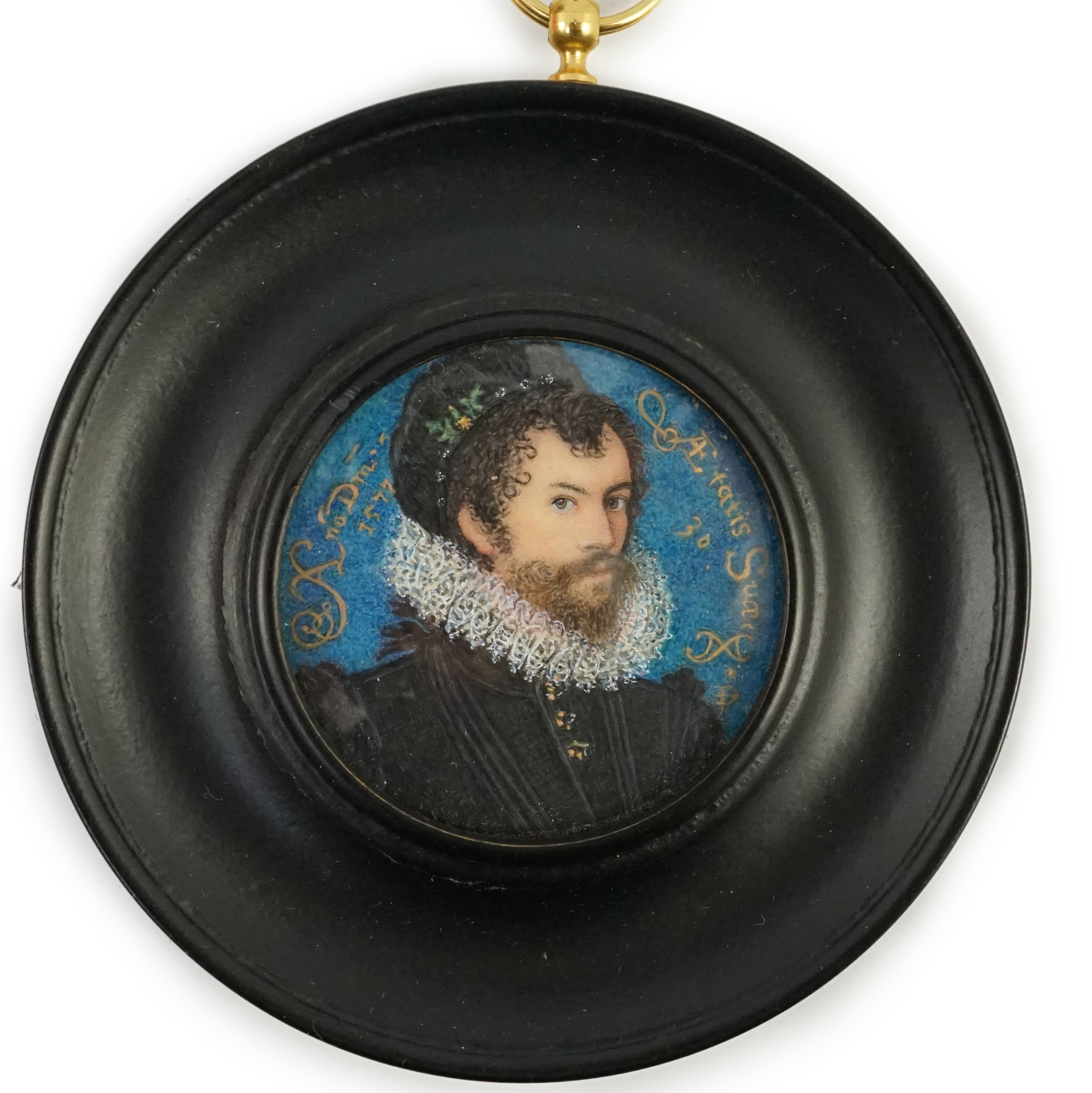 Diane Pavitt H.S., S.L.m (Contemporary French) after Nicolas Hilliard (1547-1619), Self-portrait, aged 30, watercolour and gouache on polymin, 4cm.